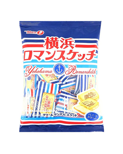 Yokohama Romance Cookie package showing biscuits with city landmarks and vanilla cream filling. Contains wheat, egg, dairy, soybean.