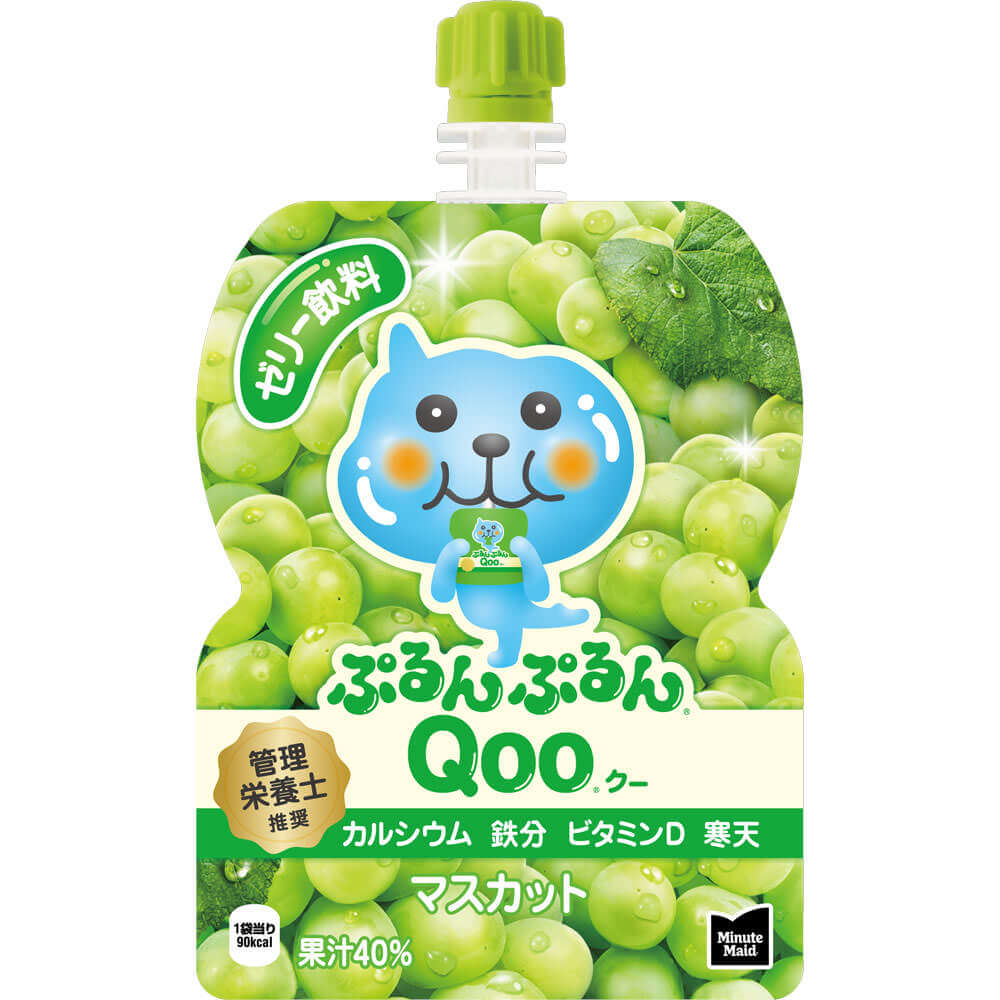 Minute Maid Qoo Jelly Drink Pouch, Muscat flavor, with cartoon character on green grape background, rich in calcium and vitamin D.
