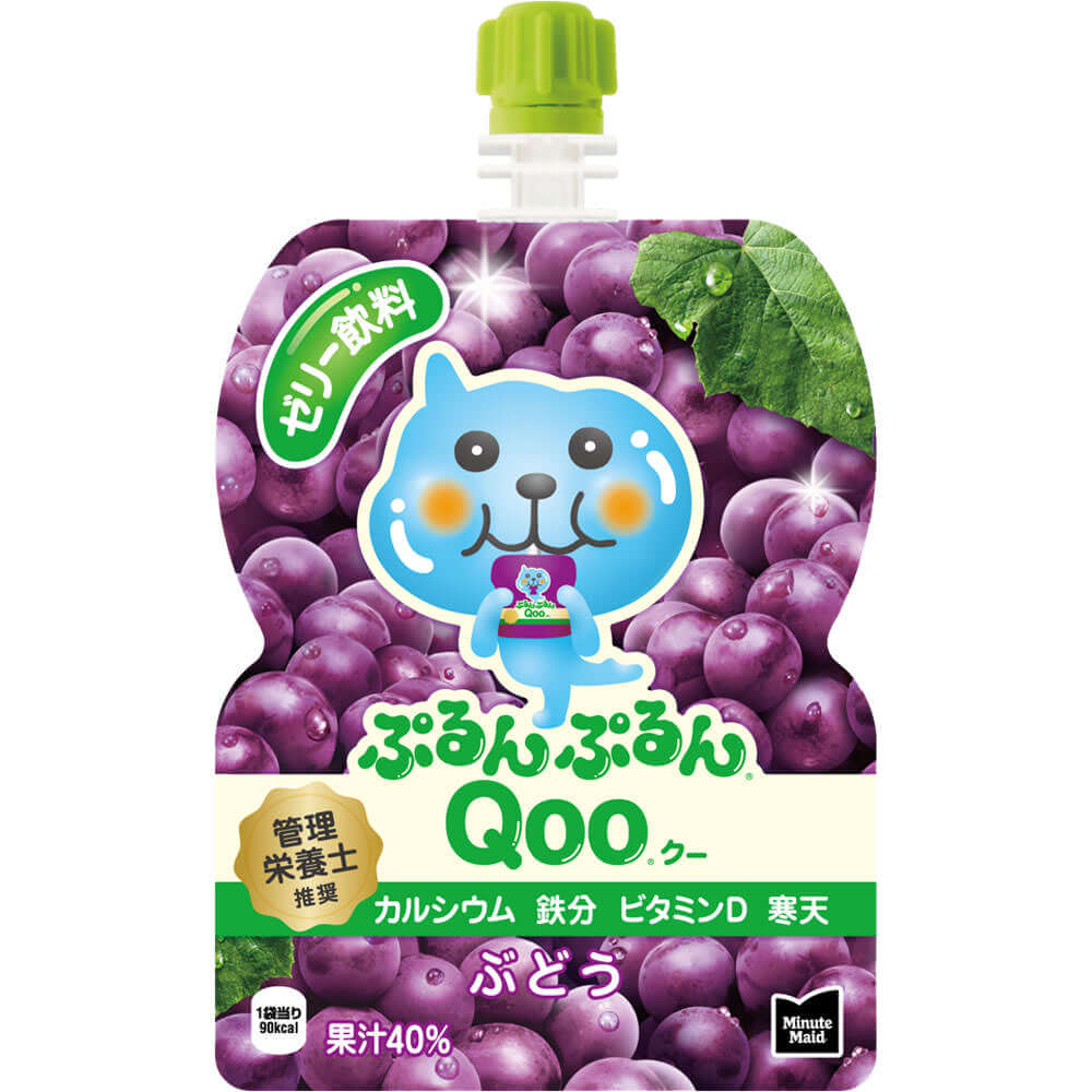 Qoo Jelly Drink in 125g purple grape pouch, rich in calcium, vitamin D, iron; non-slip easy-open cap, preservative-free.