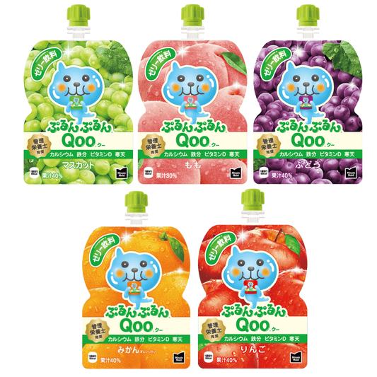 Assorted Qoo Jelly Drink Pouches in Peach, Grape, and Orange Flavors, Preservative-Free, Calcium and Vitamin D Enriched.