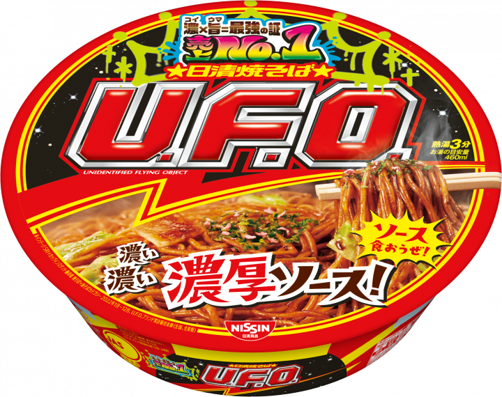 Japanese instant noodles package featuring UFO yakisoba with bold red label and vibrant illustrations.