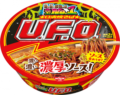 Japanese instant noodles package featuring UFO yakisoba with bold red label and vibrant illustrations.