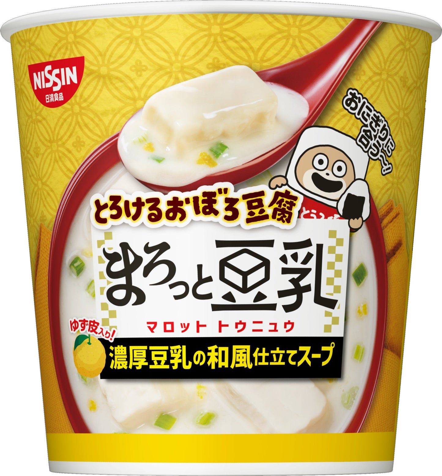 Nissin tofu soup cup with creamy soy milk broth, featuring scallop, bonito, kelp dashi, and yuzu flavoring.