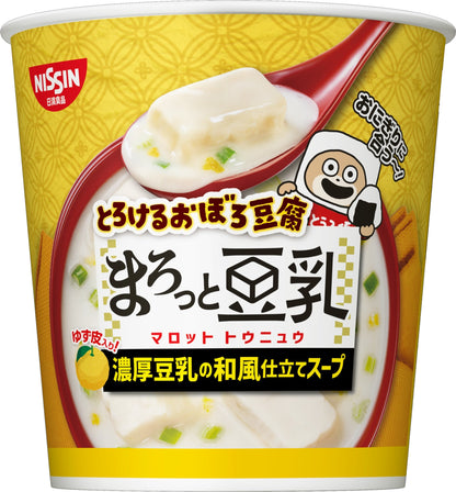 Nissin tofu soup cup with creamy soy milk broth, featuring scallop, bonito, kelp dashi, and yuzu flavoring.