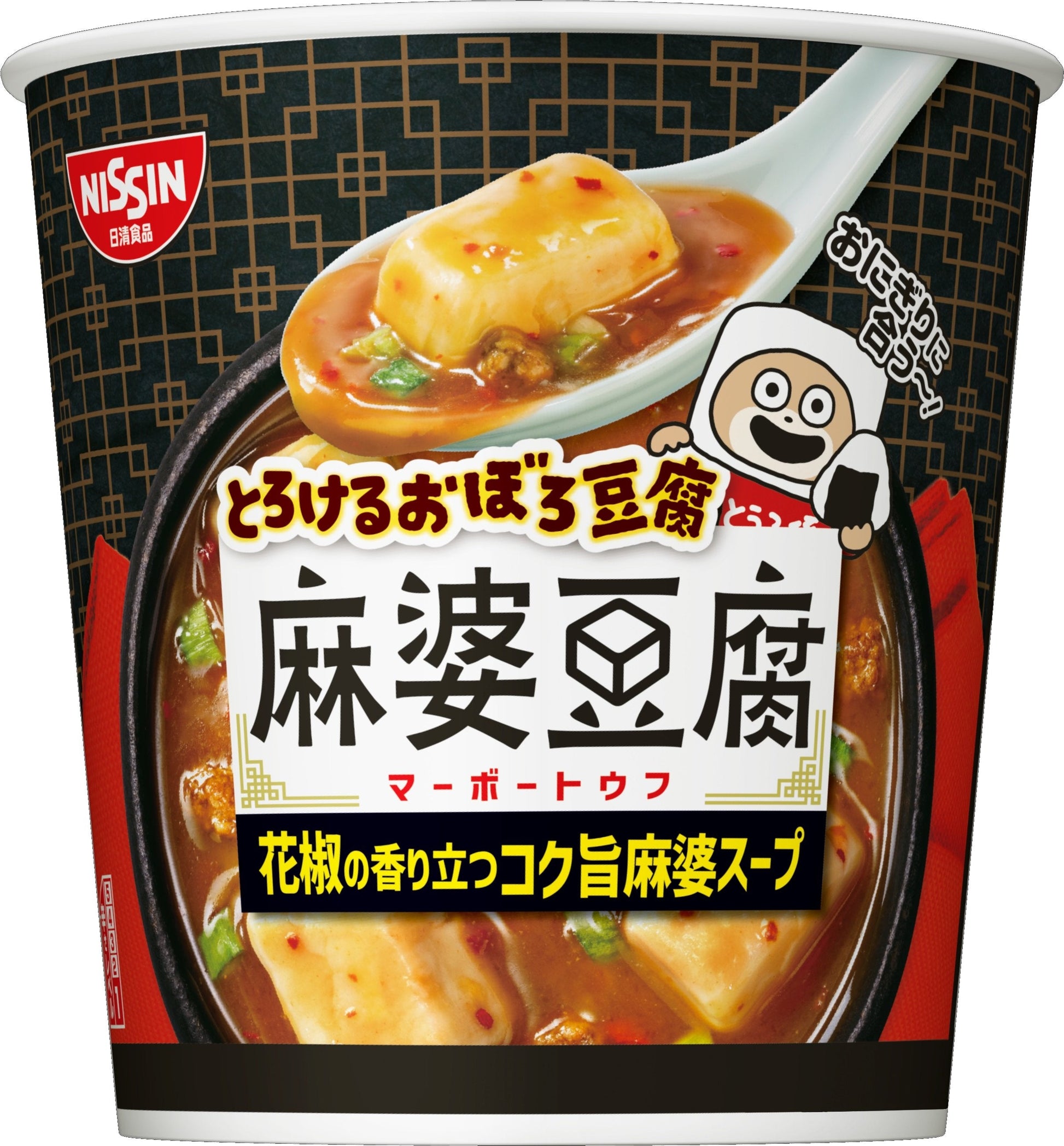 Nissin spicy tofu soup cup with flavorful broth, adorned with chili and seafood, featuring Japanese text and packaging design.