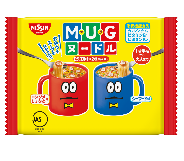 Ramen Mug Noodle 4P packaging with Consomme Soy Sauce and Seafood flavors, featuring colorful mugs and cartoon faces.