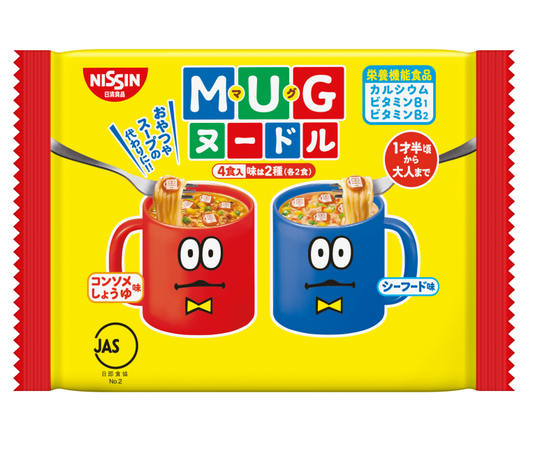 Ramen Mug Noodle 4P packaging with Consomme Soy Sauce and Seafood flavors, featuring colorful mugs and cartoon faces.