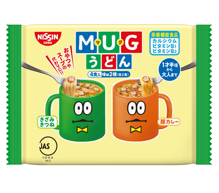 Mug Udon pack with Kitsune flavor and Pork Curry flavor noodles, featuring cartoon mugs. Contains common allergens like wheat and soy.