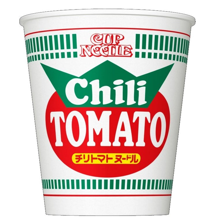 Nissin Cup Noodle Chili Tomato flavor, featuring a bold red and green label. Perfect for a quick and spicy meal.