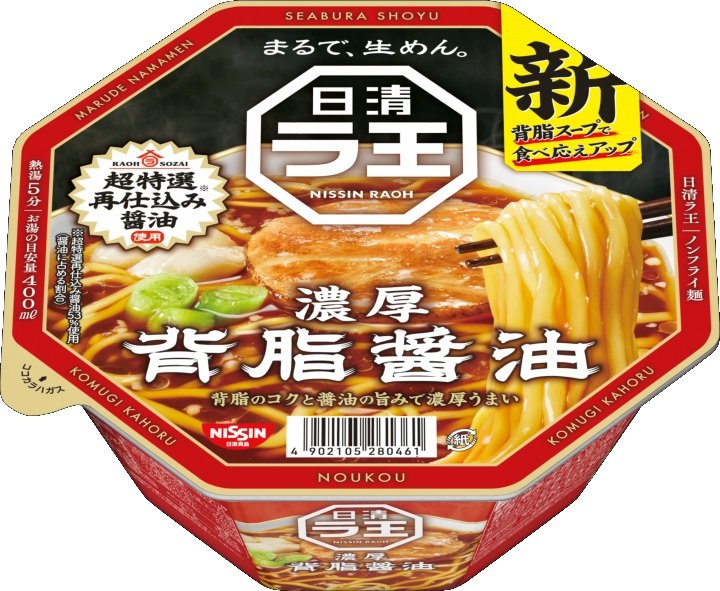 NISSIN Raoh Ramen Cup Noodle with soy sauce broth and straight non-fried noodles, packaging showing flavorful ingredients.