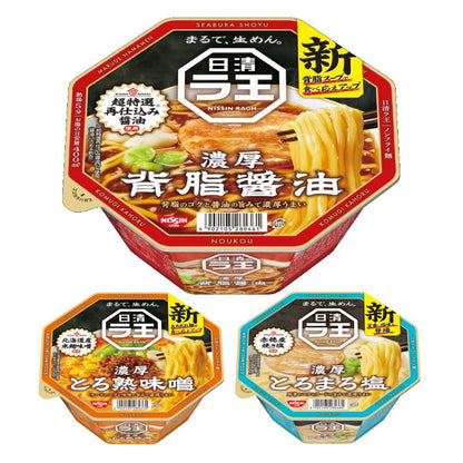 NISSIN Raoh Ramen Cup Noodle varieties in soy sauce, miso, and salt flavors, featuring fresh-look straight noodles.