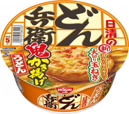 Donbei Kaki-age Tempura Udon, instant noodles in broth with bonito aroma, featuring hearty fried tofu and onion, by Nissin.