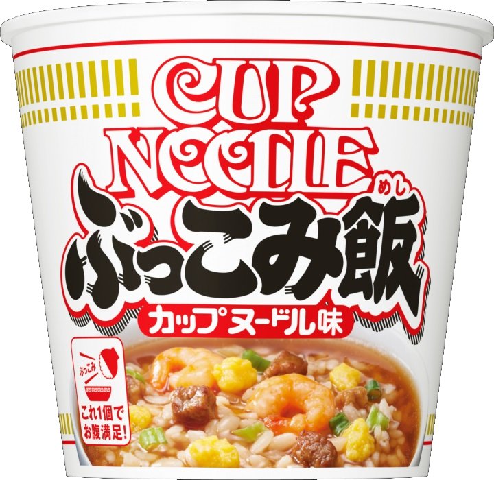 NISSIN Bukkomi Rice Cup Noodles, showcasing savory noodle and rice mix in a cup, ready in 5 minutes with hot water.