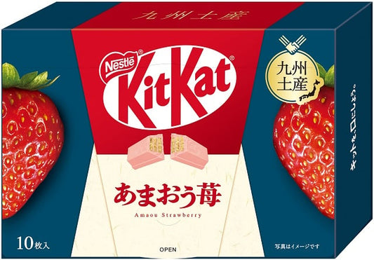 Japanese KitKat box featuring Amaou Strawberry flavor with red strawberries and Japanese text on the packaging.