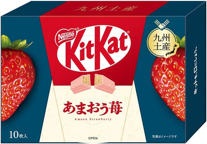 Japanese KitKat box featuring Amaou Strawberry flavor with red strawberries and Japanese text on the packaging.