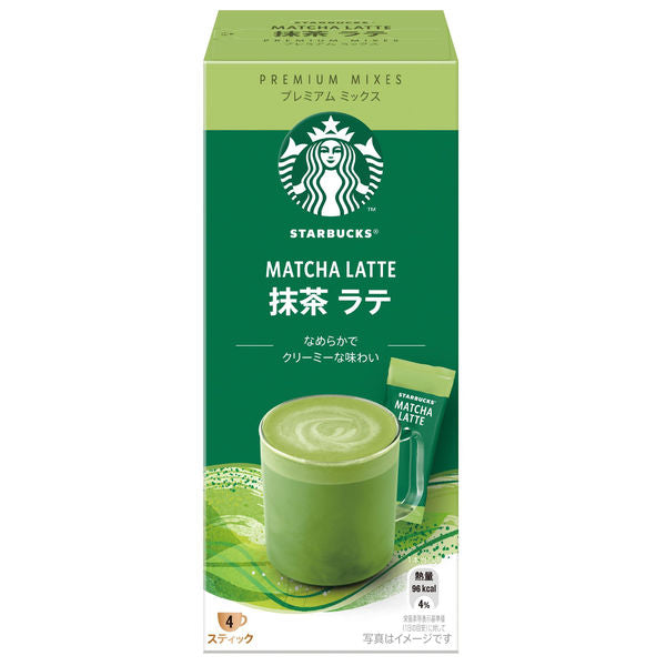 Starbucks Premium Mix Matcha Latte 4P box with green tea image, offering creamy, smooth taste for home or office enjoyment.