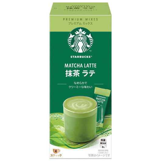 Starbucks Premium Mix Matcha Latte 4P box with green tea image, offering creamy, smooth taste for home or office enjoyment.