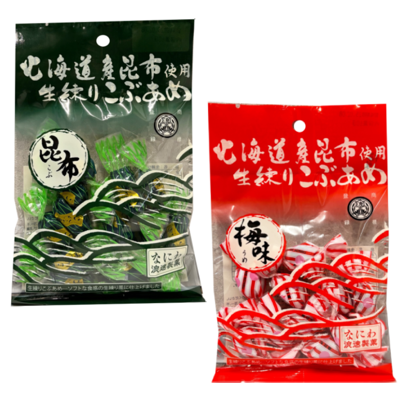 Kneaded Kelp Candy packaging in red and green, featuring Hokkaido seaweed, starch syrup, wheat, and soybean. Two packages shown.