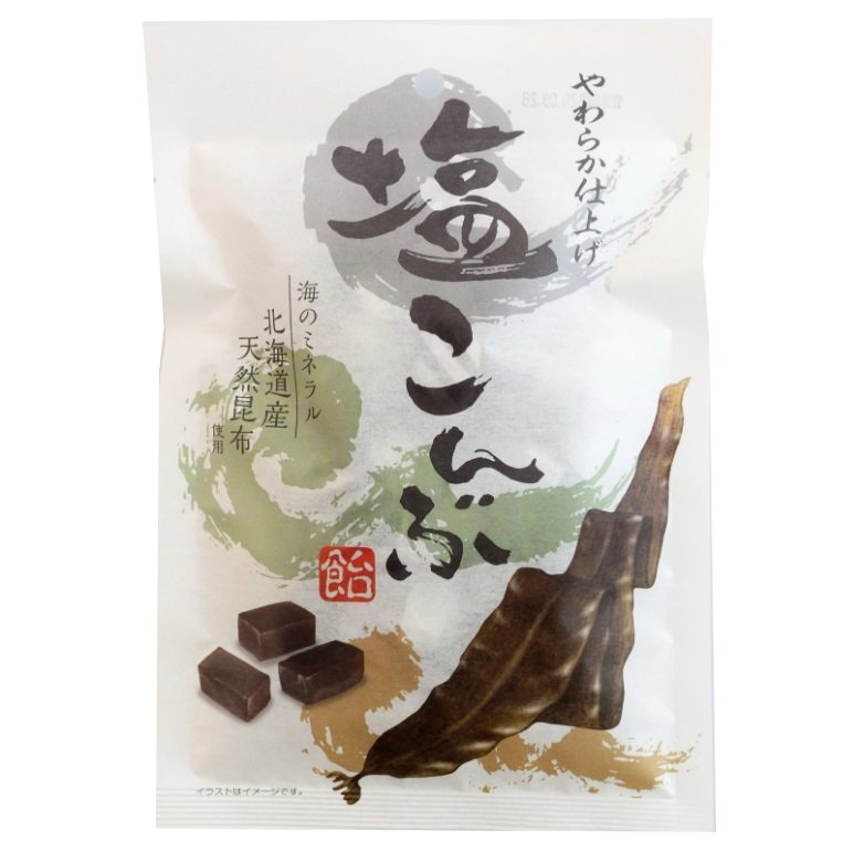 Salt Kelp Candy package featuring Hokkaido seaweed, emphasizing salted flavor and natural ingredients.