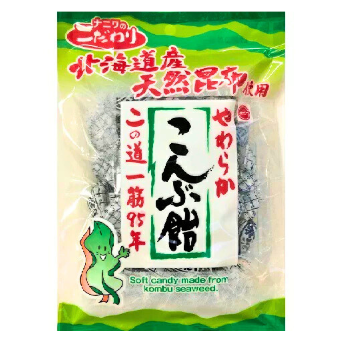 NANIWA SEIKA Hokkaido Kombu Candy packaging featuring soft kombu candy with rich umami flavor from Hokkaido seaweed.