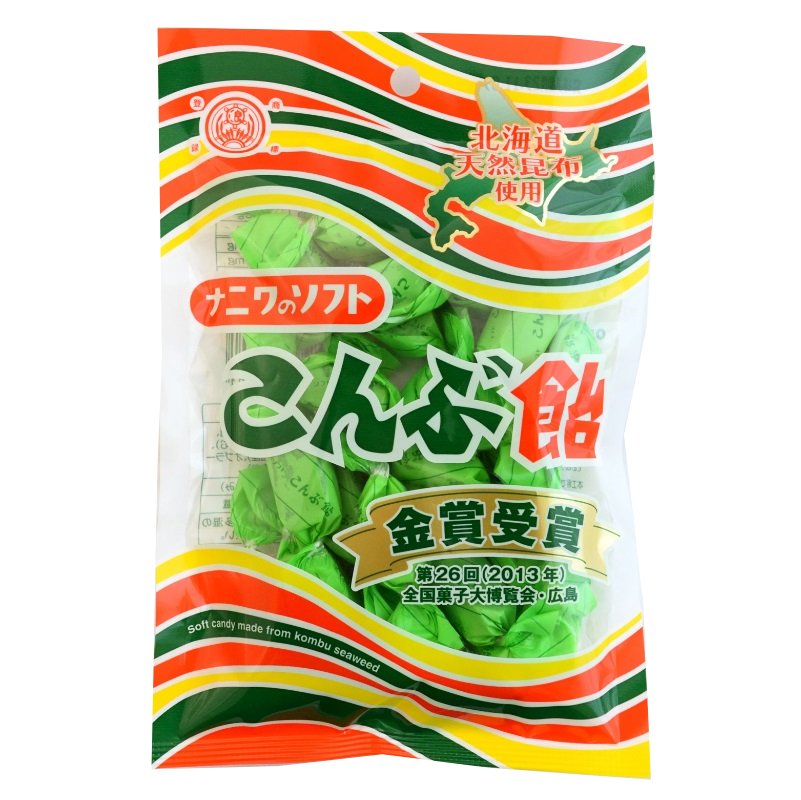 Pack of Naniwa Soft Kelp Candy with Hokkaido flavors, made from traditional methods, includes wheat and soybean allergens.