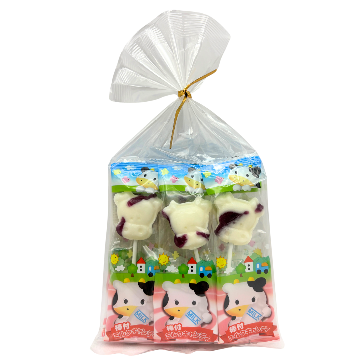 NANIWA SEIKA Lollipop Candy Milk and Blueberry 6P with cute cow face shapes, in a clear package, dairy allergens.
