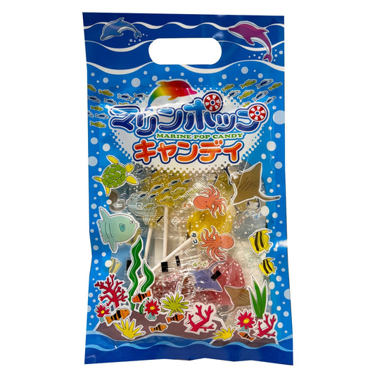 Naniwa Seika Marine Pop Candy with fish design in strawberry, melon, and lemon flavors, packaged in a vibrant ocean-themed bag.