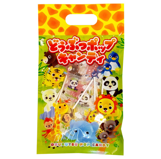 Animal Pop Candy 70g pack, lollipop with cute animal design, allergen-free. Includes elephant, lion, panda, and more.