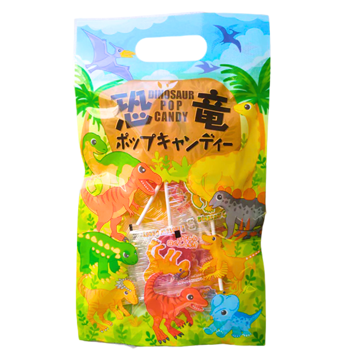 NANIWA SEIKA Dinosaur Pop Candy bag with cute dinosaur illustrations, featuring strawberry and lemon-flavored lollipops.