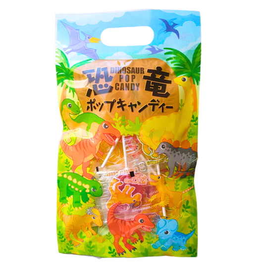 NANIWA SEIKA Dinosaur Pop Candy bag with cute dinosaur illustrations, featuring strawberry and lemon-flavored lollipops.