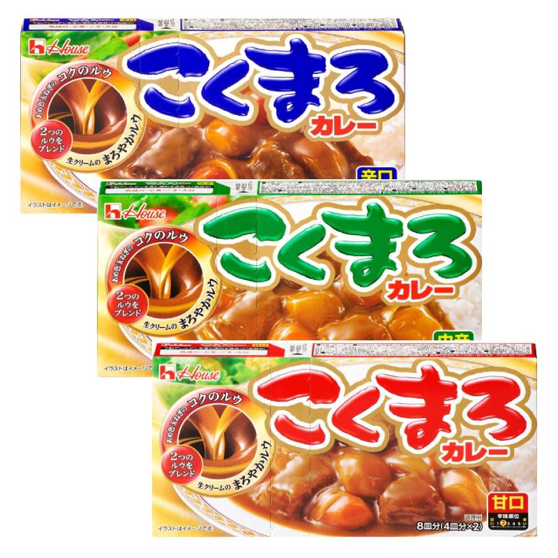 House Kokumaro Curry Roux packages in assorted flavors for making a rich, sweet curry blend. Contains wheat, dairy, soybean, sesame.