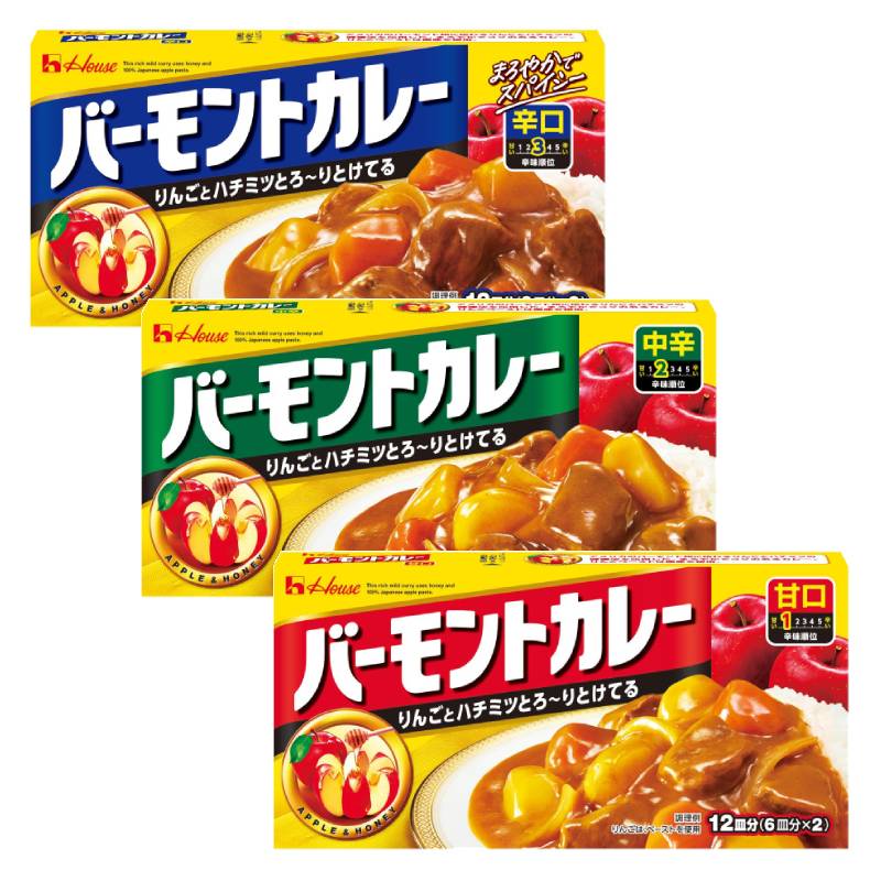 House Vermont Curry Roux for 12 dishes in three packaging variants, featuring apple, honey, and mild curry images, allergens listed.