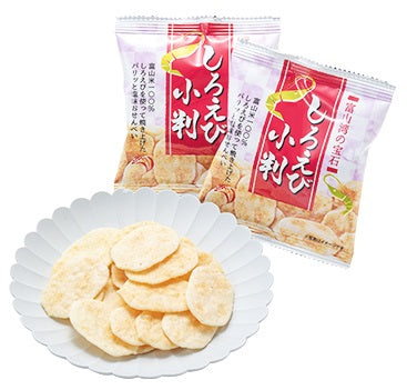 Japanese 8P shrimp rice crackers on plate with packaging, made with Toyama rice and glass shrimp, allergen info: shrimp, fish, wheat.