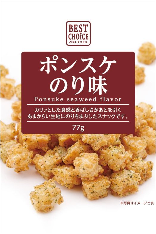 Best Choice Ponsuke Snack Seaweed Flavor with crunchy texture and nori, sweet and spicy. Contains wheat, egg, soybean allergens.