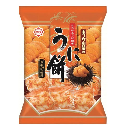 Sea Urchin Rice Cracker pack with rich sea urchin sauce, highlighting crispy texture and exquisite taste, allergens: egg, wheat, dairy, squid, soybean.