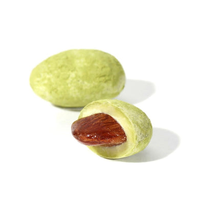 Tiramisu Chocolate Matcha almond coated in matcha powder, revealing a crispy almond inside, blending Japanese and Western flavors.