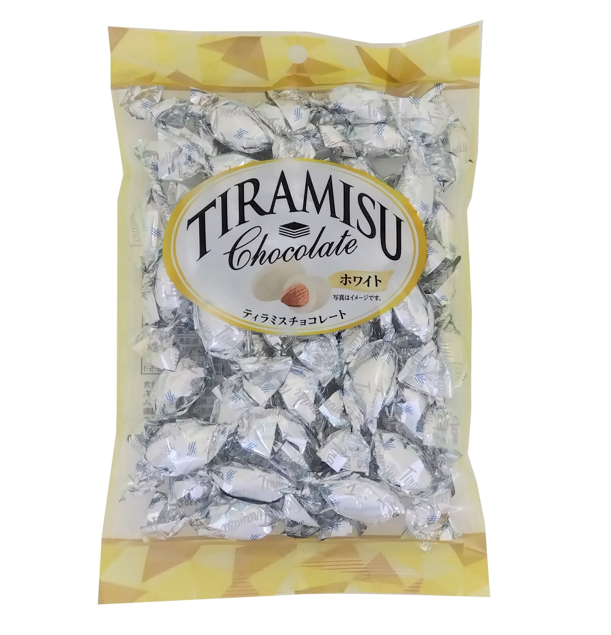 Bag of Tiramisu Chocolate White with almonds, mascarpone, and dusting of sugar powder, highlighting potential allergens like dairy and soy.