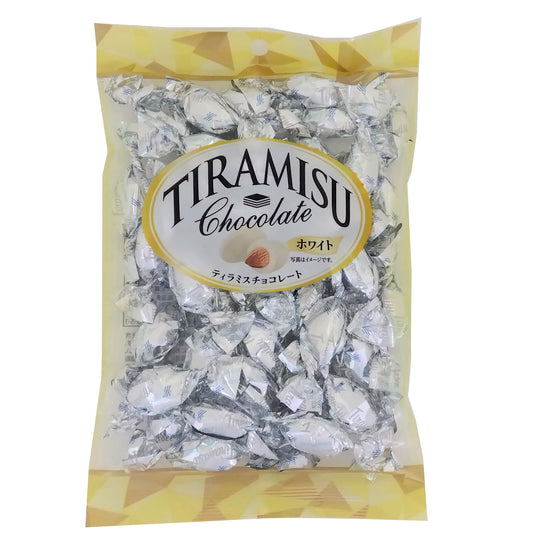 Bag of Tiramisu Chocolate White with almonds, mascarpone, and dusting of sugar powder, highlighting potential allergens like dairy and soy.