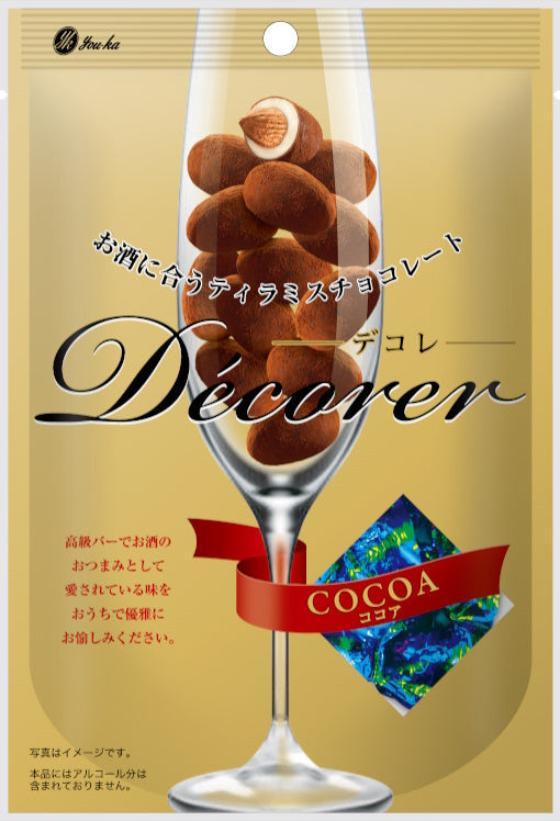 Decorer Tiramisu Chocolate Cocoa flavor 68g, elegant snack pairing with alcohol, in a stylish package with cocoa dusting.