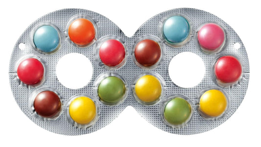 High-Eight Chocolate in glasses-shaped blister, colorful sugar-coated candies. Heat damage possible above 28°C. Allergens: Dairy, Egg, Soybean.