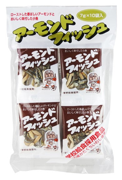 Packaged Almond Fish snack with seasoned small fish and roasted almond slivers. Ideal for kids and with beverages. Contains allergens.