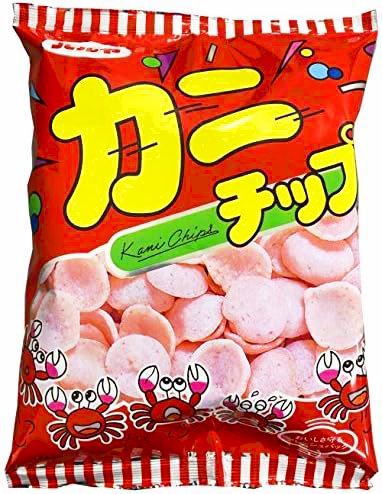 Haruya Crab Chips packaging featuring crispy shrimp and red snow crab flavor with colorful graphics on a red bag.