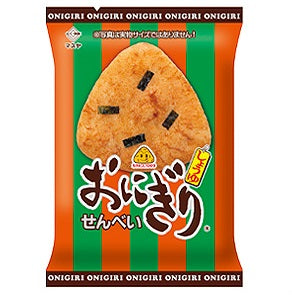 Onigiri rice cracker in orange packaging with soy sauce seasoning and dashi, garnished with grilled seaweed. Contains egg, wheat, soy, pork, sesame.