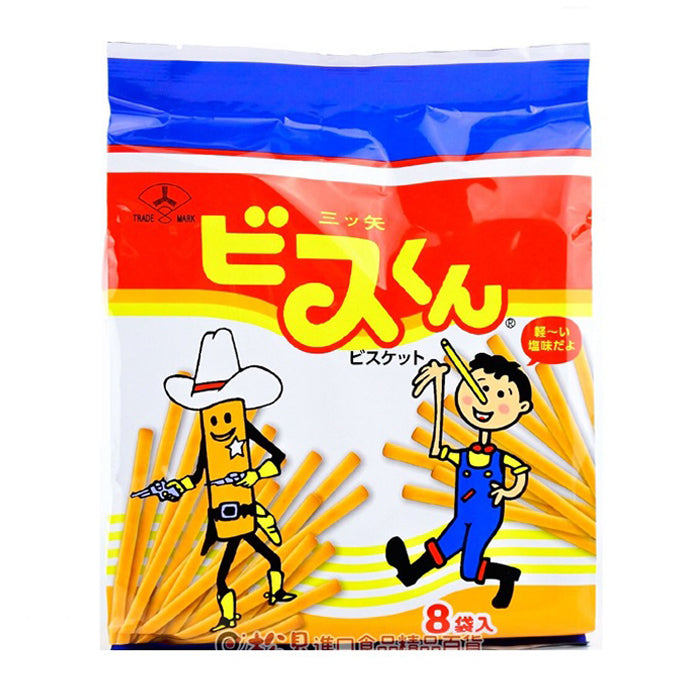 Stick Biscuit 8P package with cartoon characters, highlighting crispy texture and balanced sweet-salty taste. Contains allergens: wheat, egg, dairy, soybean.