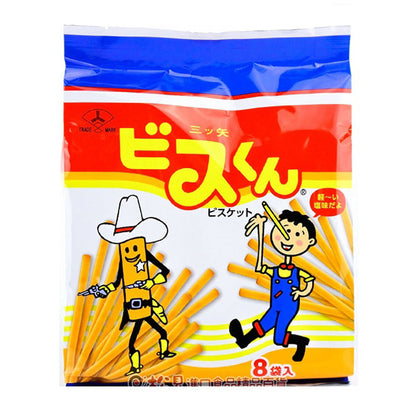 Stick Biscuit 8P package with cartoon characters, highlighting crispy texture and balanced sweet-salty taste. Contains allergens: wheat, egg, dairy, soybean.