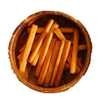 Stick Biscuit 8P in wooden bowl showcasing crispy texture and balanced sweet-salty flavor, allergens: wheat, egg, dairy, soybean.