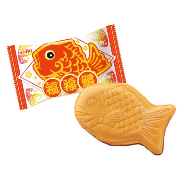 Taiyaki shaped wafer with air-in chocolate filling beside vibrant packaging. Contains dairy, wheat, and soybean allergens.