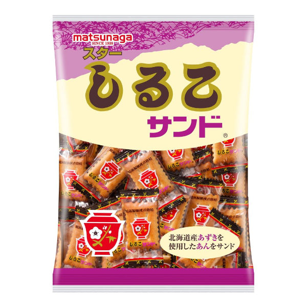 Star Shiruko Sandwich Biscuits with Hokkaido azuki bean paste, 200g bag. Contains dairy, wheat, soybean, apple allergens.