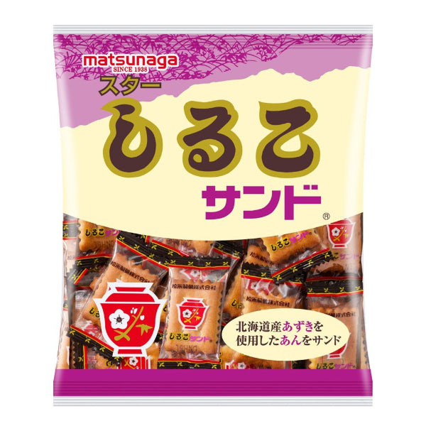 Star Shiruko Sandwich Biscuit pack with Hokkaido azuki bean paste filling, contains dairy, wheat, soybean, apple allergens.