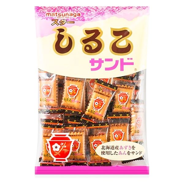 Star Shiruko Sandwich Biscuits with Hokkaido azuki bean paste, in colorful packaging. Common allergens: dairy, wheat, soybean, apple.